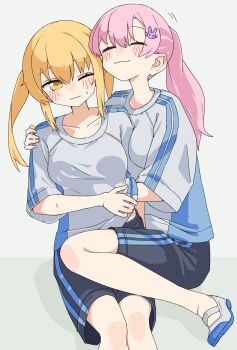 2girls absurdres black_shorts blonde_hair blush closed_eyes closed_mouth commentary_request grabbing_another's_breast groping hand_on_another's_shoulder highres kopaka_(karda_nui) multiple_girls one_eye_closed original pink_hair ponytail shirt shoes shorts smile twintails white_background white_shirt white_shoes yellow_eyes yuri