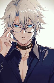 1boy antenna_hair armor black_choker black_shirt blue_eyes choker commentary glasses highres honkai:_star_rail honkai_(series) long_sleeves looking_at_viewer male_focus neck_tattoo parted_bangs pauldrons pectoral_cleavage pectorals phainon_(honkai:_star_rail) ronigs shirt short_hair shoulder_armor single_pauldron solo sun_symbol sun_tattoo symbol-only_commentary tan tattoo white_hair