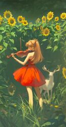 Rule 34 | 1girl, absurdres, animal, artist name, bare shoulders, bracelet, chinese commentary, closed eyes, commentary request, day, deer, dress, feet out of frame, flower, from behind, glint, grass, highres, holding, holding instrument, instrument, jewelry, leaf, lenoth, long hair, music, neon genesis evangelion, orange hair, outdoors, playing instrument, red dress, solo, souryuu asuka langley, standing, strapless, strapless dress, sunflower, two side up, violin, yellow flower