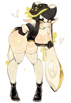1girl black_gloves black_hair black_leotard blonde_hair blush breasts callie_(alterna)_(splatoon) callie_(splatoon) cleavage collar cross-shaped_pupils earrings gloves hanging_breasts hat highres inkling jewelry large_breasts leotard long_hair looking_at_viewer mole mole_under_eye multicolored_hair nintendo pigeon-toed pointy_ears smile splatoon_(series) splatoon_1 squid symbol-shaped_pupils tentacle_hair thick_eyebrows thick_thighs thighhighs thighs twintails usa37107692 very_long_hair white_thighhighs wide_hips yellow_eyes