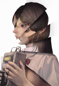 Rule 34 | 1girl, absurdres, bomb, brown hair, cable, collared shirt, commentary, english commentary, explosive, highres, holding, holding bomb, mikasamu, original, school uniform, shirt, solo