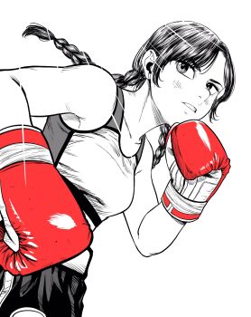 1girl boxing boxing_gloves boxing_shorts braid breasts commentary_request dutch_angle gloves greyscale hatching_(texture) highres lee_(dragon_garou) light_rays long_hair low_twin_braids medium_breasts midriff monochrome mouth_guard original red_gloves shorts solo sports_bra spot_color twin_braids upper_body