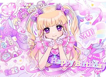 1girl birthday_cake blonde_hair bow cake character_name commentary_request dress food gloves hair_bow hands_on_own_cheeks hands_on_own_face hands_up happy_birthday highres idol_clothes idol_time_pripara koda_michiru long_hair looking_at_viewer machiko_(milk_maciko) manaka_laala miichiru_(pripara) nijiiro_nino onigiri outline pink_dress pretty_series pripara purple_bow purple_eyes rice_cooker ringlets smile solo sparkle takki_(pripara) two_side_up white_gloves white_outline yumekawa_shogo yumekawa_yui