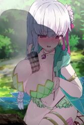 Rule 34 | 1boy, 1girl, animated, armlet, bar censor, bare arms, bikini, bikini skirt, blush, braid, braided ponytail, breasts, censored, cum, cum on body, embarrassed, fate/grand order, fate (series), flower, foot out of frame, from above, from side, futeiki kaisai shin corner, grabbing own breast, green bikini, green vest, hair flower, hair ornament, half-closed eyes, hetero, jewelry, kama (fate), kama (second ascension) (fate), kama (swimsuit avenger) (second ascension) (fate), kama (teenager) (fate), large breasts, legs together, long hair, looking afar, looking to the side, moaning, open mouth, outdoors, paizuri, penis, ponytail, precum, reverse paizuri, sandals, seiza, sitting, sleeveless, solo focus, sound, swimsuit, tagme, thighlet, vest, video, white hair