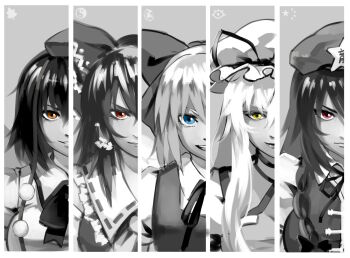 Rule 34 | 5girls, ascot, bad id, bad pixiv id, blue eyes, bow, braid, cirno, column lineup, greyscale, hair bow, hakurei reimu, hat, hong meiling, long hair, monochrome, multiple girls, open mouth, orange eyes, otaku (artist), pink eyes, red eyes, shameimaru aya, short hair, smile, spot color, star (symbol), teeth, tokin hat, touhou, yakumo yukari, yellow eyes