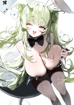 1girl absurdres ace_(playing_card) ace_of_clubs ace_of_hearts ace_of_spades amu1207 animal_ears bare_shoulders between_breasts black_bow black_bowtie black_leotard black_pantyhose blush bow bowtie breasts card cleavage club_(shape) coin collar collarbone commentary detached_collar from_above goddess_of_victory:_nikke green_hair heart highres huge_breasts leotard long_hair one_eye_closed open_mouth pantyhose pink_eyes playboy_bunny playing_card rabbit_ears simple_background smile soda_(nikke) soda_(twinkling_bunny)_(nikke) solo spade_(shape) strapless strapless_leotard teeth two_side_up upper_teeth_only white_background white_collar