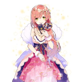 Rule 34 | 1girl, bare shoulders, breasts, card, dress, green eyes, hair ornament, holding, holding card, large breasts, long hair, milfy (uchihime), pink dress, pink hair, purple scarf, scarf, see-through scarf, smile, tarot, tarot card, uchi no hime-sama ga ichiban kawaii