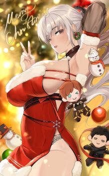 1girl absurdres adam_(stellar_blade) alternate_hair_color arm_up armpits black_panties blush breasts brown_eyes character_doll christmas_tree detached_collar detached_sleeves doll dress earrings eve_(stellar_blade) fur_trim high_ponytail highres jewelry lace lace-trimmed_panties lace_trim large_breasts lily_(stellar_blade) long_hair looking_at_viewer merry_christmas open_mouth oxygen_mask_(oxygenmask233) panties ponytail red_dress revealing_clothes shiny_skin short_dress smile snowman solo stellar_blade underwear v white_hair