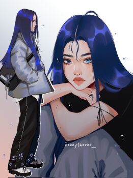 1girl aegyo_sal artist_name asian bag baggy_pants black_bag black_pants black_shirt blue_eyes blue_hair blunt_ends boots crossed_arms down_jacket elbows_on_table eyelashes fashion floral_print forehead from_side full_body gradient_background grey_jacket hair_over_breasts hands_in_pockets head_rest heterochromia highres jacket jewelry long_hair looking_ahead looking_at_viewer mole mole_on_arm mole_on_cheek mole_on_forehead mole_on_hand multiple_moles multiple_views original pants parted_bangs pink_background platform_boots ring shirt shoulder_bag single_vertical_stripe sitting standing straight_hair streetwear t-shirt thick_eyebrows thick_lips two-tone_background umi_(zeebythesea) untucked_shirt upper_body white_background white_boots white_shirt zeebythesea