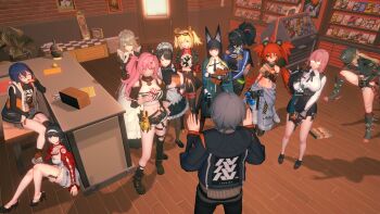 1boy 3d 3d_background 6+girls alexandrina_sebastiane angry astra_yao belle_(zenless_zone_zero) blush box brother_and_sister burnice_white chocolate ellen_joe eyepatch gift gift_box harem hiding highres holding holding_gift hoshimi_miyabi koleda_belobog luciana_de_montefio midori_mint multiple_girls nicole_demara parody persona persona_5 scene_reference siblings style_parody tsukishiro_yanagi valentine wise_(zenless_zone_zero) zenless_zone_zero zhu_yuan