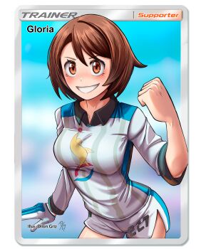 1girl absurdres artist_name blue_background blue_gloves blue_shirt blue_shorts border breasts brown_eyes brown_hair card_(medium) clenched_hand collared_shirt commentary dilan_griz english_commentary gloria_(pokemon) gloves grin gym_challenge_uniform hand_up highres looking_at_viewer medium_breasts nintendo pokemon pokemon_swsh shirt short_hair shorts single_glove smile solo swept_bangs teeth trading_card white_border