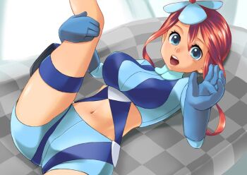 1girl blue_eyes breasts crop_top dark-skinned_female dark_skin gloves hijirino_yuuta large_breasts long_hair long_sleeves looking_at_viewer lying midriff nintendo on_back pokemon pokemon_bw red_hair shorts skyla_(pokemon) suspenders teeth thigh_strap upper_teeth_only