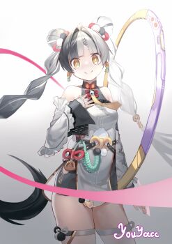 1girl absurdres bare_shoulders black_hair braid braided_twintails china_dress chinese_clothes commentary corded_phone detached_sleeves dialyn_(zenless_zone_zero) dress earrings hair_extensions hair_ornament highres jewelry long_hair multicolored_hair multicolored_nails necktie phone ring_hair_extensions solo split-color_hair symbol-only_commentary white_hair yellow_eyes zenless_zone_zero zifu_z