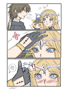 ! .osari 1boy 1girl black_gloves black_hair blonde_hair blue_eyes blush cartethyia_(wuthering_waves) commentary crown_of_thorns earrings english_commentary english_text gloves hand_puppet headpat highres jewelry long_hair male_rover_(wuthering_waves) multiple_earrings nose_blush pointy_ears puppet rover_(wuthering_waves) sidelocks tacet_mark_(wuthering_waves) thumbs_up wuthering_waves yellow_eyes