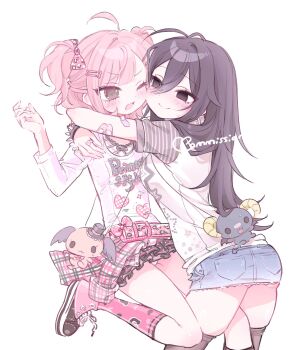 2girls age_difference ahoge animal_print bag bandaid bandaid_on_arm belt berry_(sanrio) black_eyes black_hair black_skirt black_thighhighs blue_skirt blush bone_hair_ornament bow brown_eyes cherry_(sanrio) clothes_writing commission cowboy_shot denim denim_skirt double_bun empty_eyes fuwa_fuwa_cinnamoroll hair_between_eyes hair_bow hair_bun hair_ornament hairclip highres jojifuku lloromannic long_hair long_sleeves looking_at_another microskirt mipi_(u3u_00) multiple_girls one_eye_closed onee-loli original panties pantyshot pink_belt pink_hair pink_shirt pleated_skirt print_shirt sanrio shirt short_hair short_sleeves shoulder_bag simple_background skindentation skirt smile striped_sleeves thighhighs tiger_print underwear white_background white_shirt