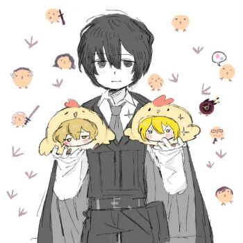 1girl 1other 2boys animalization belt black_belt black_eyes black_hair black_pants black_vest blonde_hair blush chicken_costume dante_(limbus_company) don_quixote_(project_moon) faust_(project_moon) gregor_(project_moon) hands_up heathcliff_(project_moon) hong_lu_(project_moon) ishmael_(project_moon) limbus_company looking_at_viewer meursault_(project_moon) multiple_boys outis_(project_moon) pants project_moon rodion_(project_moon) ryoshu_(project_moon) short_hair simple_background sinclair_(project_moon) sparkle vest white_background yellow_eyes yesheng_zong_ren yi_sang_(project_moon)