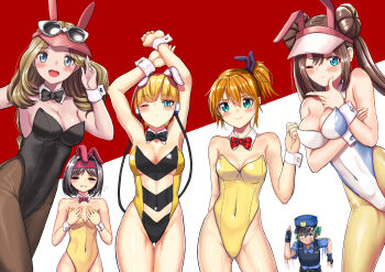 2020 6+girls absurdres adjusting_hair alternate_costume angry animal_ears armpits arms_up asymmetrical_hair bare_arms bare_legs bare_shoulders belt black_bow black_bowtie black_hair black_leotard black_pantyhose blonde_hair blue_eyes blush bow bowtie breast_envy breast_hold breasts brown_hair cleavage closed_eyes clothing_cutout covering_breasts covering_privates crying cutout double_bun elesa_(pokemon) embarrassed erika_(pokemon) eye_contact eyewear_on_head fake_animal_ears fingerless_gloves gloves green_eyes green_hair grey_eyes gym_leader hair_between_eyes hair_bun hairband hat highres jenny_(pokemon) l96_(chinhauming) large_breasts legs leotard long_hair looking_at_another looking_at_viewer medium_breasts misty_(pokemon) multiple_girls muscular nintendo one_eye_closed open_mouth orange_hair pantyhose playboy_bunny pokemon pokemon_(anime) pokemon_bw pokemon_bw2 pokemon_rgby pokemon_sm_(anime) pokemon_xy police police_hat police_uniform policewoman ponytail rabbit_ears red_background red_bow red_bowtie rosa_(pokemon) running serena_(pokemon) short_hair side_ponytail simple_background small_breasts smile standing strapless strapless_leotard stretching sunglasses sunglasses_on_head tears teeth thigh_gap thighs twintails underboob underboob_cutout visor_cap white_background white_bow white_bowtie white_leotard wide_hips wrist_cuffs yellow_leotard yellow_pantyhose