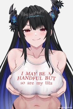 1girl alternate_costume artist_name asymmetrical_horns bare_shoulders black_hair blue_hair blush breasts clothes_writing colored_inner_hair commentary crop_top demon_girl demon_horns english_commentary eyebrows_hidden_by_hair flower grabbing_own_breast hands_on_own_chest highres hololive hololive_english horn_flower horns large_breasts long_hair looking_at_viewer midriff mole mole_under_eye multicolored_hair navel nerissa_ravencroft red_eyes seraphim_throne shirt sidelocks simple_background slit_pupils smile solo straight_hair swept_bangs twitter_username uneven_horns upper_body very_long_hair virtual_youtuber white_background white_shirt