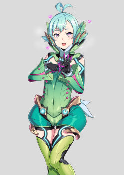 1girl absurdres ahoge aqua_hair cameltoe floren_(xenoblade) genderswap genderswap_(mtf) gozaru grey_background hetero highres open_mouth penetration_gesture pink_eyes short_hair shota simple_background solo trap xenoblade_chronicles_(series) xenoblade_chronicles_2