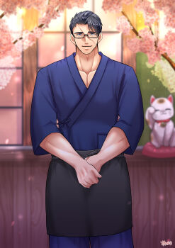 1boy absurdres apron beard_stubble black-framed_eyewear black_hair blurry blurry_background cherry_blossoms commission facial_hair glasses hayashi_tomori highres looking_at_viewer male_focus maneki-neko own_hands_together pixiv_commission samue scar scar_on_face scar_on_nose short_hair solo standing stubble