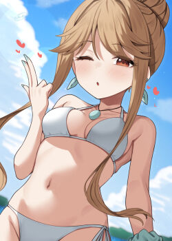 1girl bikini binsen blowing_kiss blue_nails breasts day earrings fingernails floating_hair hair_bun halterneck hand_up highres hoop_earrings idolmaster idolmaster_million_live! jewelry long_fingernails long_sidelocks looking_at_viewer medium_breasts nail_polish navel one_eye_closed outdoors parted_lips side-tie_bikini_bottom sidelocks single_hair_bun solo standing string_bikini swimsuit tenkuubashi_tomoka white_bikini