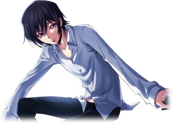 1boy arm_on_knee arm_support artist_request black_hair black_pants book buttons closed_mouth code_geass code_geass:_lost_stories collarbone collared_shirt dutch_angle game_cg hair_between_eyes half-closed_eyes happy holding holding_book knee_up leaning_to_the_side lelouch_vi_britannia long_sleeves looking_at_viewer male_focus non-web_source official_art pants pectoral_cleavage pectorals purple_eyes shirt short_hair sidelocks simple_background sitting smile solo transparent_background white_shirt