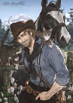 1boy absurdres animal animal_on_shoulder arm_hair arthur_morgan beard belt black_neckerchief black_pants blue_shirt blurry blurry_background brown_belt brown_hair cat cat_on_shoulder connected_beard cowboy_hat facial_hair fence hat highres horse male_focus neckerchief nyeigneous outdoors pants parted_lips red_dead_redemption_(series) red_dead_redemption_2 shirt tabby_cat