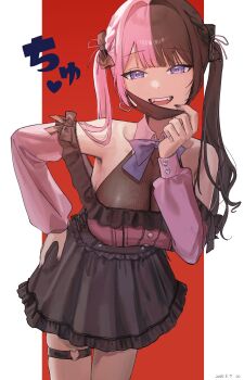 1girl absurdres bare_shoulders black_bow black_corset black_mask black_nails black_skirt blunt_bangs bow bowtie braid breasts brown_hair brown_ribbon cleavage commentary_request corset earrings fishnet_top fishnets frilled_skirt frills hair_bow hair_intakes hair_ribbon hand_on_own_hip heart heart_earrings highres jewelry jirai_kei large_breasts leaning_forward long_hair long_sleeves looking_at_viewer mask mask_pull miniskirt mouth_mask multicolored_hair multicolored_nails o-ring o-ring_thigh_strap off-shoulder_shirt off_shoulder open_mouth pink_hair pink_nails pink_shirt pink_sleeves purple_bow purple_bowtie purple_eyes ribbon see-through_cleavage see-through_clothes shi24ni shirt side_braids skirt smile solo split-color_hair tachibana_hinano thigh_strap two-tone_hair two-tone_nails virtual_youtuber vspo! wing_collar