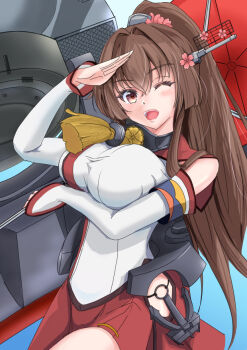 1girl ;d blush breasts brown_eyes brown_hair cherry_blossoms clothing_cutout commentary_request detached_sleeves flower hair_between_eyes hair_flower hair_ornament headgear hip_vent kantai_collection large_breasts long_hair looking_at_viewer mifuro oil-paper_umbrella one_eye_closed open_mouth ponytail red_umbrella sakuramon salute ship_turret side_cutout smile solo umbrella very_long_hair yamato_(kancolle) z_flag