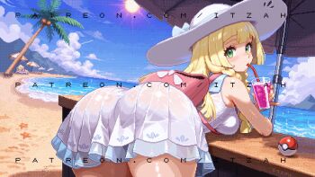 1girl absurdres ass backpack bag beach_umbrella bent_over blonde_hair blue_sailor_collar blue_sky blunt_bangs blush breasts cloud commentary_request cup day drinking_straw drinking_straw_in_mouth food green_eyes hair_between_eyes hat highres holding holding_cup ice_cream itzah lillie_(pokemon) long_hair looking_at_viewer medium_breasts mountainous_horizon nintendo ocean outdoors palm_reading pixel_art pleated_skirt poke_ball pokemon sailor_collar shirt skirt sky solo sun_hat table thighs umbrella watermark white_hat white_shirt white_skirt