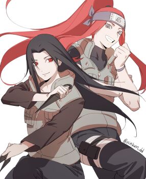 2girls alternate_costume artist_name bandaged_leg bandages bandages_over_clothes black_hair black_shirt clenched_hand clenched_teeth closed_mouth collarbone covered_collarbone dynamic_pose floating forehead_protector bad_tag hair_flowing_over happy head_tilt high_collar high_ponytail highres holding holding_weapon konohagakure_shinobi_uniform light_smile long_hair long_sleeves looking_at_viewer looking_to_the_side mother's_day multiple_girls naruto_(series) naruto_shippuuden ningyeon ninja pants parted_bangs ponytail red_eyes red_hair rinnegan shade shadow shirt short_sleeves shuriken simple_background smile teeth twitter_username uchiha_mikoto upper_body uzumaki_kushina vest weapon white_background