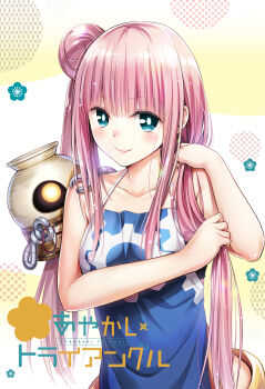 Rule 34 | 1girl, ayakashi triangle, blue eyes, blush, cleaned, commentary, copyright name, derivative work, detexted, english commentary, hair bun, hair down, hand in own hair, happy, highres, holding, holding own hair, korogi reo, long hair, looking at viewer, momocchi18, pink hair, smile, solo, standing, third-party edit, wrench, yabuki kentarou