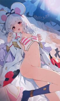 1girl animal_ears bikini blue_socks bottomless breasts clothes_in_front commentary_request fake_animal_ears granblue_fantasy hat holding holding_swimsuit holding_unworn_clothes looking_at_viewer lying medium_hair mouse_ears navel nipples no_bra on_back open_clothes open_mouth open_shirt red_eyes sawayaka_samehada skirt small_breasts socks solo straw_hat striped_bikini striped_clothes sweat swimsuit unworn_skirt unworn_swimsuit vikala_(granblue_fantasy) white_bikini white_hair