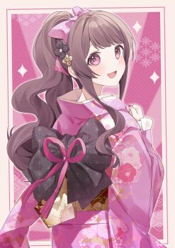 Rule 34 | 1girl, amam fuka (vtuber), back bow, black bow, bow, brown hair, commentary request, commission, floral print, floral print kimono, flower, from behind, hair bow, hair flower, hair ornament, highres, indie virtual youtuber, japanese clothes, kimono, long hair, long sleeves, looking at viewer, looking back, open mouth, pink background, pink bow, pink eyes, pink kimono, pink ribbon, ponytail, print kimono, ribbon, ruu hh, sash, second-party source, sidelocks, smile, solo, virtual youtuber, wide sleeves