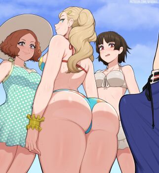 3girls absurdres afrobull amamiya_ren ass bikini breasts bulge erection erection_under_clothes hat highres huge_ass looking_at_penis medium_breasts multiple_girls niijima_makoto okumura_haru one-piece_swimsuit persona persona_5 sideboob swimsuit takamaki_anne thighs