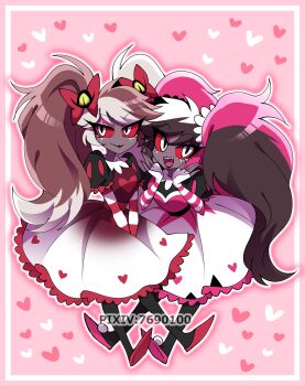 2girls :d \||/ belt big_hair black_belt black_pantyhose black_shirt bow breasts brown_hair closed_mouth colored_sclera commentary_request dark-skinned_female dark_skin double_\||/ dress dual_persona eyeshadow fang fewer_digits fingerless_gloves frilled_dress frills full_body gloves gradient_clothes gradient_dress hair_between_eyes hair_bow hair_ornament hands_up hazbin_hotel heart heart_background heart_print hellaverse highres inset_border long_hair looking_at_viewer lower_eyelashes_only makeup medium_dress menattou multicolored_hair multiple_girls open_mouth outline pantyhose pink_background pink_dress pink_eyeshadow pink_gloves pink_hair pink_outline pink_shoes pixiv_id puff_and_slash_sleeves puffy_short_sleeves puffy_sleeves red_belt red_bow red_dress red_gloves red_sclera red_shoes shirt shoes short_sleeves simple_background slit_pupils small_breasts smile streaked_hair striped_clothes striped_gloves swept_bangs teeth tongue tsurime twintails two-tone_dress two-tone_gloves upper_teeth_only v_arms velvette_(hazbin_hotel) very_long_hair white_dress white_eyes white_gloves white_hair white_outline