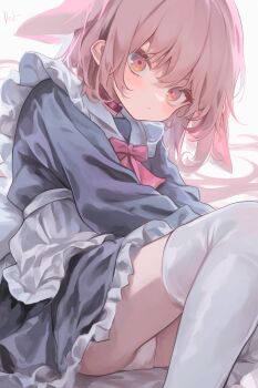1girl absurdres animal_ears apron blice_jp blush bow bowtie choker choppy_bangs closed_mouth commentary_request dress droopy_ears feet_out_of_frame frilled_dress frills grey_dress highres long_sleeves looking_at_viewer lying maid maid_apron medium_hair on_side original panties pink_bow pink_bowtie pink_choker pink_eyes pink_hair short_dress solo thighhighs underwear upskirt white_apron white_panties white_thighhighs zettai_ryouiki