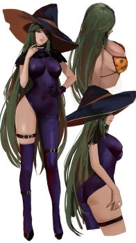 1girl absurdres ass bikini breasts cleavage covered_navel female_focus full_body green_eyes green_hair halloween halloween_costume hat highres j@ck kid_icarus kid_icarus_uprising large_breasts long_hair looking_at_viewer matching_hair/eyes multiple_views nintendo orange_bikini palutena parted_bangs print_bikini single_thighhigh swimsuit thigh_strap thighhighs thighs witch_hat