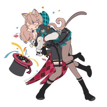 1boy 1girl :o animal_ears argyle_clothes black_boots black_pantyhose boots bow brown_hair capelet card cat_ears cat_tail closed_eyes confetti detached_sleeves facial_mark full_body genshin_impact glitter grey_capelet grey_shorts hair_bow hat highres hug legwear_garter long_hair lynette_(genshin_impact) lyney_(genshin_impact) one_eye_closed open_mouth pantyhose playing_card ponytail puffy_sleeves purple_eyes rainbow_ocat shirt shorts smile star_(symbol) star_facial_mark tail tailcoat teardrop_facial_mark top_hat twitter_username u_u unworn_hat unworn_headwear white_shirt