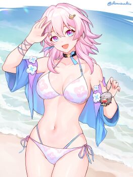 1girl absurdres adapted_costume ainniaaain alternate_costume artist_name bare_shoulders beach bikini black_choker blue_eyes blue_shirt breasts choker cleavage collarbone commentary cowboy_shot earrings flower_ornament gradient_clothes gradient_shirt hair_ornament hairpin halterneck hands_up highres honkai:_star_rail honkai_(series) jacket jewelry looking_at_viewer march_7th_(honkai:_star_rail) medium_breasts medium_hair navel open_clothes open_jacket open_mouth pink_bikini pink_eyes pink_hair pink_pupils pink_shirt revision shirt short_sleeves side-tie_bikini_bottom single_earring smile solo stelle_(honkai:_star_rail) stomach string_bikini swimsuit trailblazer_(honkai:_star_rail) twitter_username waves