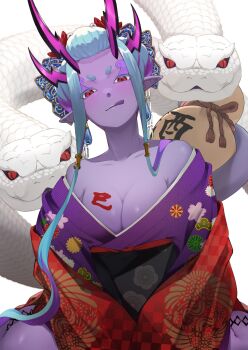 1girl absurdres animal aqua_hair bare_shoulders breasts cleavage collarbone colored_skin commentary_request earrings eyeliner fate/grand_order fate_(series) giant_snake gourd grey_skin highres horns ibuki_douji_(fate) japanese_clothes jewelry kimono large_breasts long_hair long_sleeves looking_at_viewer makeup multicolored_hair off_shoulder oni oversized_animal pink_hair pointy_ears red_eyes red_kimono sash sidelocks simple_background snake solo tail terasako tongue tongue_out white_background wide_sleeves