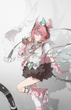 Rule 34 | 1girl, absurdres, aqua streaks, aria (zenless zone zero), arm warmers, bandaid, bandaid hair ornament, black choker, black skirt, breasts, chinese commentary, choker, collared shirt, commentary request, cosplay, crossed bangs, fur-trimmed skirt, fur trim, hair between eyes, hair ornament, highres, leg warmers, looking at viewer, mechanical ears, multicolored hair, multiple thigh straps, muyu bu huahua, necktie, pink arm warmers, pink bag, pink hair, pink leg warmers, red necktie, shirt, skirt, small breasts, smile, solo, standing, standing on one leg, streaked hair, striped arm warmers, striped leg warmers, sunna (zenless zone zero), sunna (zenless zone zero) (cosplay), thigh strap, white shirt, white wings, winged bag, wings, zenless zone zero