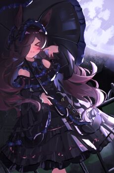 &gt;_&lt; 1girl absurdres alternate_costume animal_ears bare_shoulders black_dress black_headdress blue_flower blue_rose blush breasts brown_hair closed_eyes dagger dress flipped_hair flower full_moon hair_over_one_eye headdress highres holding holding_umbrella horse_ears horse_girl knife long_hair looking_at_viewer moon open_mouth outdoors parasol rice_shower_(umamusume) rose saigyougi sheath sheathed smile solo umamusume umbrella weapon