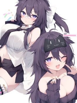 Rule 34 | 1girl, ;d, animal ears, bare shoulders, black hair, black necktie, black shorts, black sweater, bow, breasts, collared shirt, commission, dress shirt, fang, fox ears, glasses, hair between eyes, hair bow, health bar, highres, jacket, large breasts, long hair, mask, mask on head, mini eyewear, multiple views, navel, necktie, nibiiro shizuka, off-shoulder sweater, off shoulder, one eye closed, open clothes, open fly, open jacket, open mouth, open shorts, original, parted lips, pince-nez, purple eyes, ribbed sweater, shirt, shorts, simple background, skeb commission, smile, sweater, thighhighs, very long hair, vial, white background, white bow, white jacket, white shirt, white thighhighs