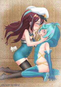 2girls absurdres after_kiss aged_down akoya_matama andro_gs anemo_nemo aqua_eyes aqua_footwear aqua_gloves aqua_hair aqua_panties aqua_skirt aqua_tabard arched_back arm_at_side arm_grab artist_logo bare_shoulders bikini bikini_top_only bisexual_female black_bikini black_hat black_thighhighs blue_neckerchief blush boots breasts brown_hair collarbone covered_erect_nipples covered_navel cum cum_in_mouth cum_on_tongue cum_string cum_swap elbow_gloves eye_contact eyebrows eyelashes female_focus fingernails flat_chest floor foot_out_of_frame from_side full_body gloves grey_sailor_collar half-closed_eyes hand_on_another's_cheek hand_on_another's_chin hand_on_another's_face hand_up hat heart heart-shaped_pupils high-waist_skirt highres hood hood_up hooded_tabard implied_bisexual indoors kneeling kodomo_doushi leberblume loco_musica logo loli long_hair looking_at_another looking_down looking_up mahou_shoujo_ni_akogarete medium_hair multicolored_hair multiple_girls nail_polish neck_tattoo neckerchief nose on_floor open_mouth panties pantyshot pink_eyes pink_hair profile purple_nails sailor_collar sideless_outfit sitting skirt small_breasts streaked_hair swimsuit symbol-shaped_pupils tabard tattoo thigh_boots thighhighs two-tone_hair two-tone_hat two_side_up underwear wariza white_hat