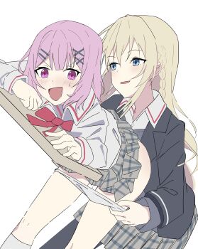 2girls absurdres amaori_renako ashigaya_high_school_uniform black_jacket blonde_hair blue_eyes blush bow bowtie clothes_lift commentary_request hair_ornament highres jacket looking_at_viewer multiple_girls open_mouth ouzuka_mai panties panty_pull pink_hair pleated_skirt purple_eyes red_bow red_bowtie school_uniform shirt simple_background skirt skirt_lift soha_(sirohase) sweatdrop underwear watashi_ga_koibito_ni_nareru_wake_naijan_murimuri! white_background white_panties white_shirt x_hair_ornament yuri