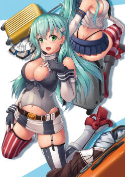 2girls alternate_costume amatsukaze_(kancolle) amatsukaze_(kancolle)_(cosplay) aqua_hair areola_slip ass asymmetrical_legwear awa_yume blue_skirt blue_thighhighs breasts cleavage collar cosplay elbow_gloves gloves green_eyes hair_ornament hairclip hand_on_own_chest hand_on_own_leg high_heels highres iowa_(kancolle) iowa_(kancolle)_(cosplay) kantai_collection kneeling large_breasts long_hair looking_at_viewer luggage metal_collar midriff mismatched_legwear multiple_girls navel pleated_skirt red_legwear rolling_suitcase rudder_footwear shimakaze_(kancolle) shimakaze_(kancolle)_(cosplay) sideboob sidelocks simple_background skirt straight_hair striped_clothes striped_legwear striped_thighhighs suitcase suzuya_(kancolle) thighhighs thong vertical-striped_clothes vertical-striped_thighhighs white_background