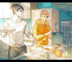 Rule 34 | 2boys, black hair, bottle, bowl, can, canned food, cherry tomato, choso (jujutsu kaisen), copyright name, cowboy shot, double bun, grey pants, hair bun, highres, ho9 999, holding, holding bowl, holding plate, hood, hoodie, indoors, itadori yuuji, jujutsu kaisen, kitchen, letterboxed, light smile, long sleeves, looking at another, male focus, multiple boys, open mouth, orange hoodie, pants, pink hair, plate, refrigerator, salad, short hair, sink, spatula, sweater, teeth, tile wall, tiles, tomato, undercut, white sweater