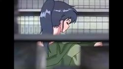 1boy 1girl 80s animated anime_screenshot blue_eyes blue_hair breasts collarbone elevator navel nipples oldschool peeking ponytail retro_artstyle running saishuu_kyoushi school screaming shiratori_hinako sound sports_uniform surprised throwing underboob undressing video