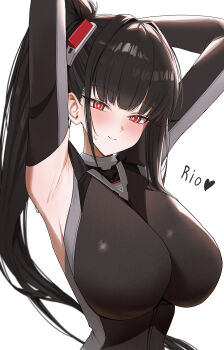 1girl armpits black_hair blue_archive blunt_bangs breasts commentary_request highres large_breasts long_hair looking_at_viewer no_halo ponytail red_eyes ringed_eyes rio_(armed)_(blue_archive) rio_(blue_archive) simple_background smile solo sweetcho white_background